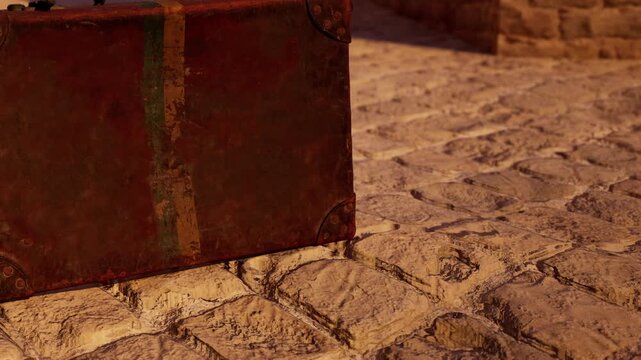 A suitcase stands on a cobblestone path in an old town during sunset. The colors of the stones reflect the warm light. Shadows stretch across the surface as the day ends.