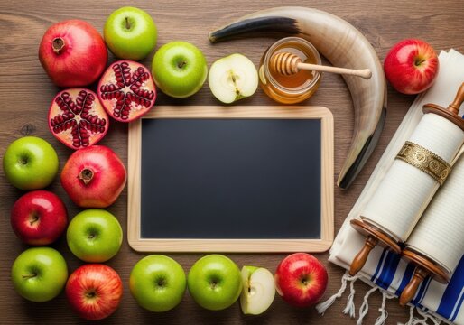 Rosh hashanah holiday background with apples, pomegranates, honey, shofar, and a torah scroll