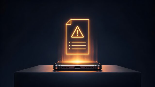 Glowing neon digital document warning sign projected from a smartphone on dark background, cybersecurity error alert concept.