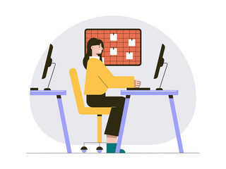 Fototapeta premium A woman employee working at a computer desk in an office setting. Internship illustrations. Flat vector concepts.