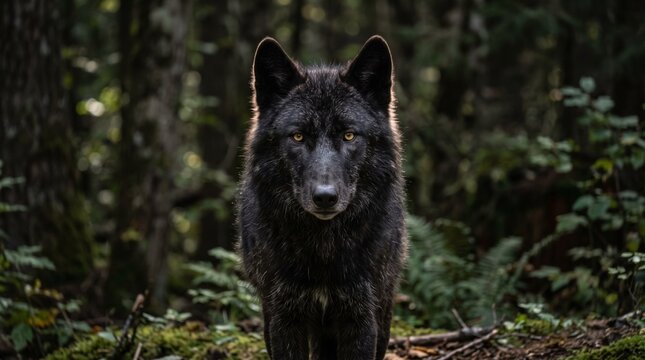 Black wolf portrait in dark forest
