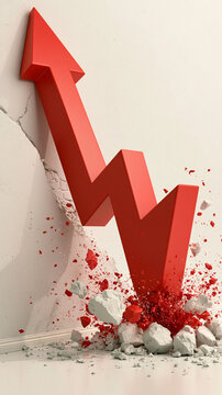 Economic Downturn Symbol: A stark red arrow depicting a sharp decline crashes through a white wall, shattering debris and symbolizing a significant economic or market slump.