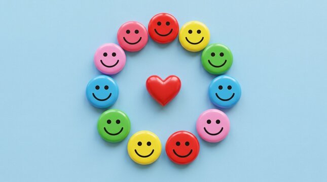 Colorful Smiley Faces Arranged in a Circle Around a Red Heart Symbol.