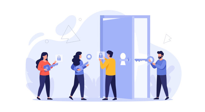 People opening doors with keys, representing access, opportunity, security, and new beginnings