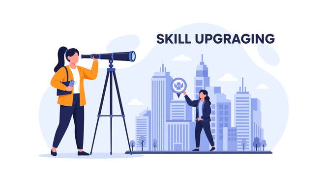 People seeking skill upgrading and career advancement in a modern cityscape illustration