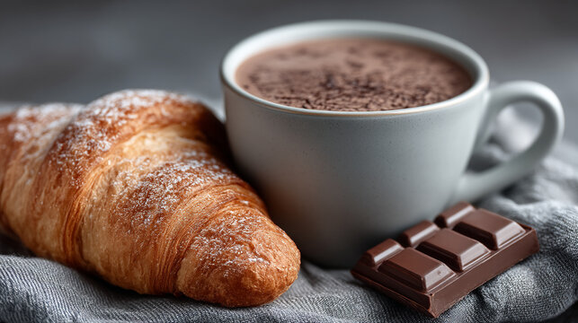 Cup of hot chocolate with a croissant and chocolate bar on cloth sweet food hot drink
