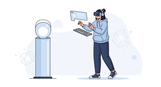 Person in VR headset interacting with holographic interface and virtual keyboard, futuristic technology concept