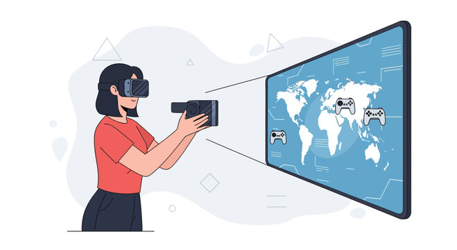 Person in VR headset interacting with a global gaming network displayed on a futuristic screen