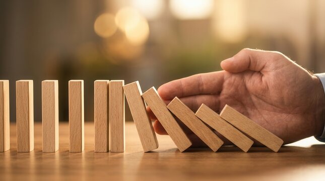 Businessman hand stopping the falling wooden dominoes to prevent a risk effect.