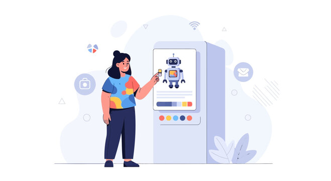 Person Interacting with Robot Display Screen, Concept of AI, Technology, and Future