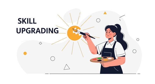 Person Painting Sun, Concept of Skill Upgrading, Personal Growth, Creativity and Learning