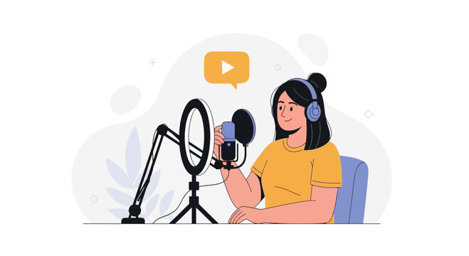 Podcaster or Vlogger creating content with microphone, ring light and headphones, modern flat illustration.