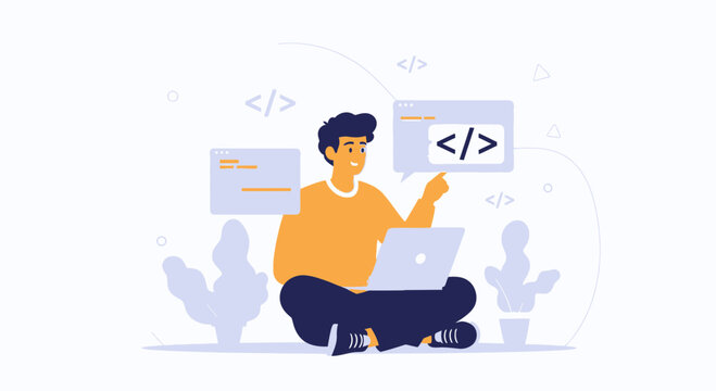 Programmer Working on Laptop with Code Elements, Flat Design Illustration