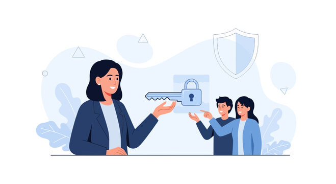 Real Estate Agent Hands Over Key and Security Concept to Couple