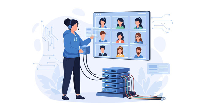 Remote Collaboration and Digital Connection: Operator Managing Online Meeting and Server Infrastructure