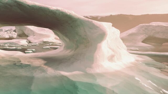 An ice formation stands over the water showing curves and shapes. The scene is set during sunset, casting a warm light on the ice and water. The landscape features glaciers and mountains.