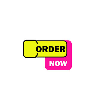 Order now call to action web button, yellow and pink rectangular badges with black text, online shopping icon