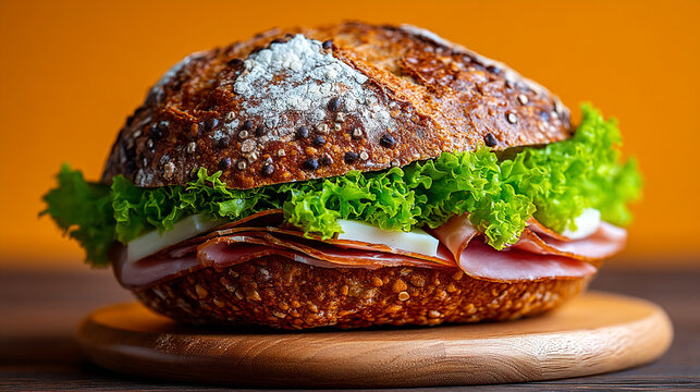 Hearty sandwich with lettuce ham and cheese on a rustic round bread roll