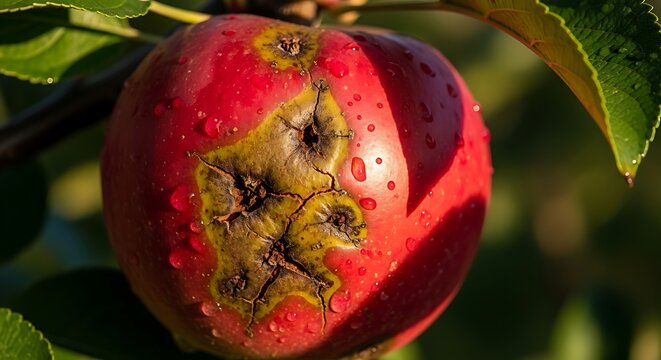 Close up of red apple on branch showing disease and fungal spots