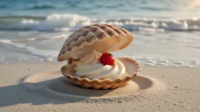 Seashell Opening on Sandy Beach by Ocean Waves Summer Nature Scenes 4k