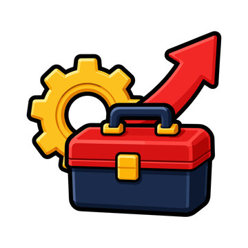 Illustration of toolbox with gear and upward arrow representing construction business growth, productivity and project success