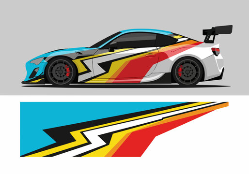 Colorful sports car with racing decals and rear wing