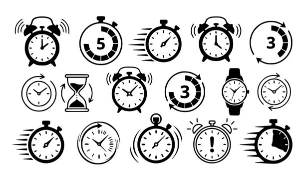 Stopwatch and deadline vector icon set with countdown alarm clock and time urgency symbols