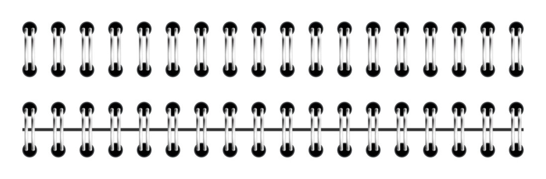 Double loop wire binding segments with round punch holes isolated. Metal twin wire notebook binding elements for planners, calendars, notebooks, journals and stationery mockups.