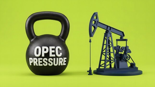 OPEC pressure concept with kettlebell and oil pumpjack on green background.