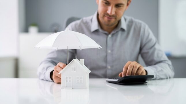 Protect your house and finance with a white umbrella shielding a model home from rising interest rates.