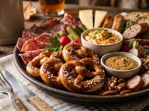 Assorted Oktoberfest snack platter with pretzels and dips
