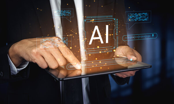 A business professional engages with a digital tablet showcasing artificial intelligence features and data analysis, symbolizing innovation and technology integration in the workplace. Cyphers