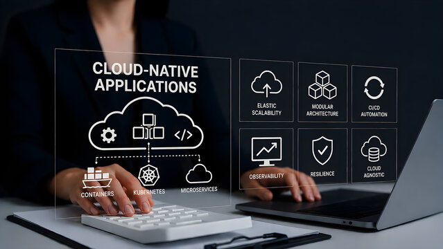 Cloud native applications concept with businesswoman touching virtual screen showing containers, microservices and CI CD automation