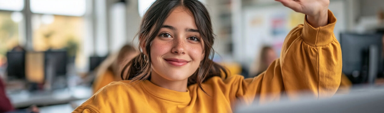 Enthusiastic Student Raising Hand: A bright young student with a warm smile raises her hand eagerly in a classroom setting, ready to participate and answer questions.