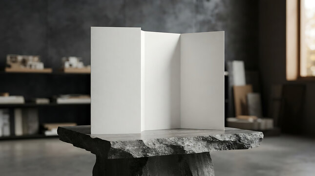 A white tri-fold brochure stands open on a rough, textured stone block in a studio with shelves displaying architectural models.keywords isolated on a transparent background