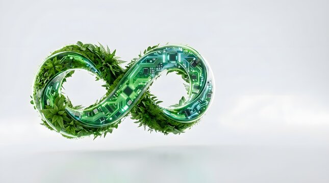 3D infinity symbol combining green leaves and glowing circuit board representing sustainable green technology