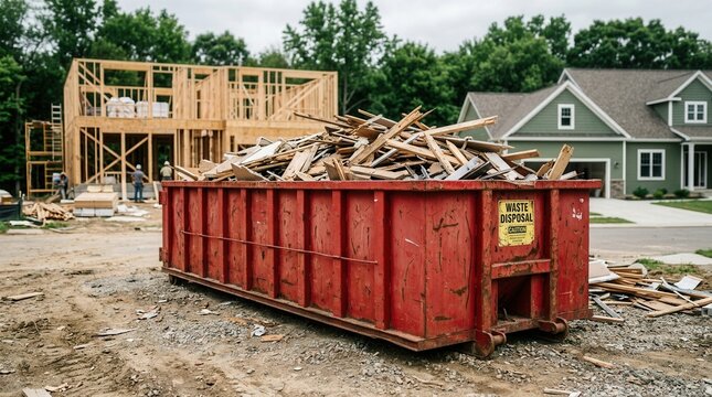 A red dumpster filled with construction debris on a dirt lot near houses under construction.