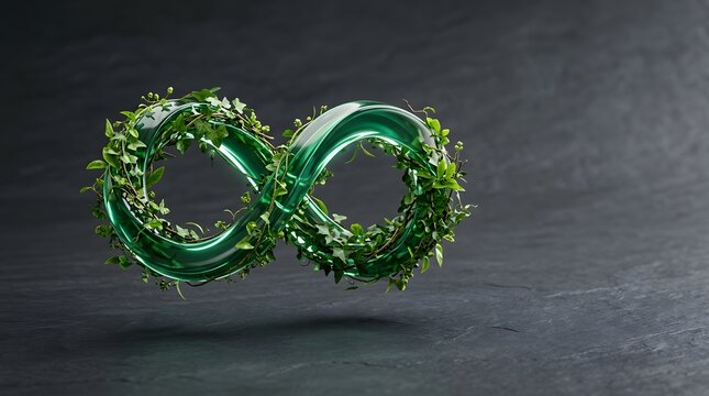 3D infinity symbol made of green glass wrapped in ivy leaves floating over dark stone background