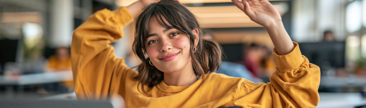 Joyful Expression: A young woman with a radiant smile and pigtails joyfully raises her hands in an expression of pure delight and happiness, captured in a candid moment.