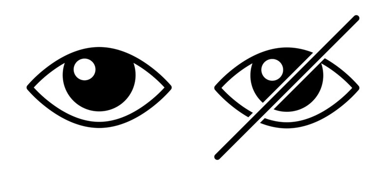 Eye and crossed-out eye icons representing vision, visibility, blindness, privacy and restricted sight for ophthalmology, healthcare, accessibility, signage and interface design.