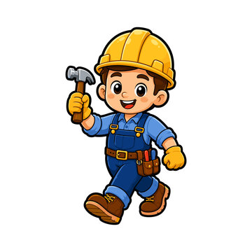 Illustration of construction worker carrying a hammer in a confident walking pose