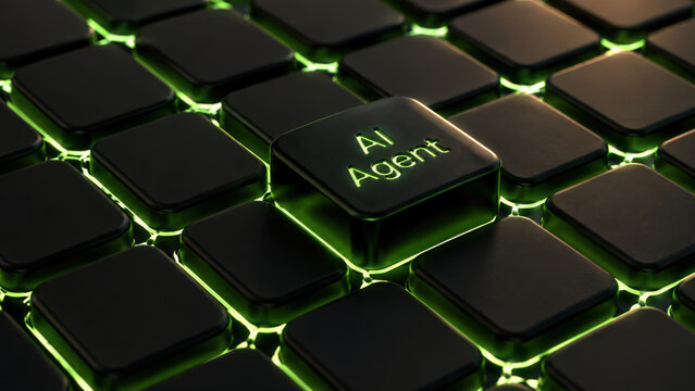 AI agent activation key glowing green on modern computer keyboard representing futuristic machine learning integration
