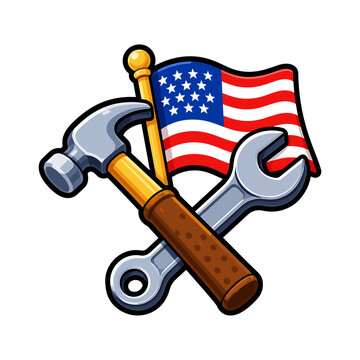 Patriotic construction illustration with American flag, hammer and wrench for skilled trade and building themes