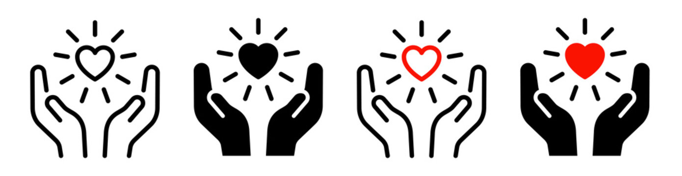 Radiant heart icon set representing love, compassion, care and emotional support, with glowing heart symbols in outline and solid styles for charity, healthcare, nonprofit and community projects.