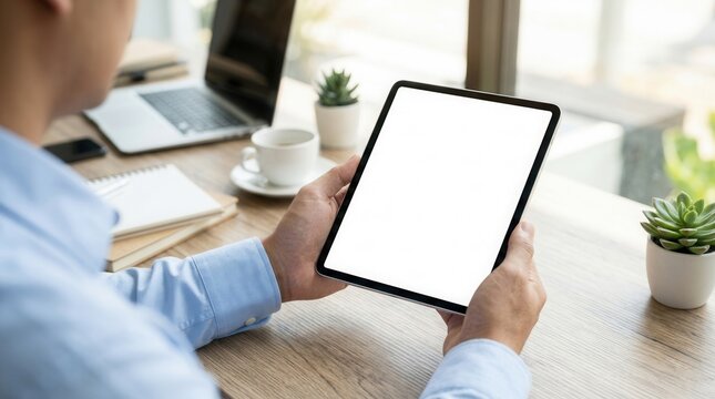 A businessman holding a digital tablet with a blank screen mockup in an office setting.