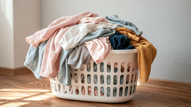 Pile of Laundry: A overflowing basket filled with colorful clothes ready for washing, a common household chore depicted in a warm, soft light.