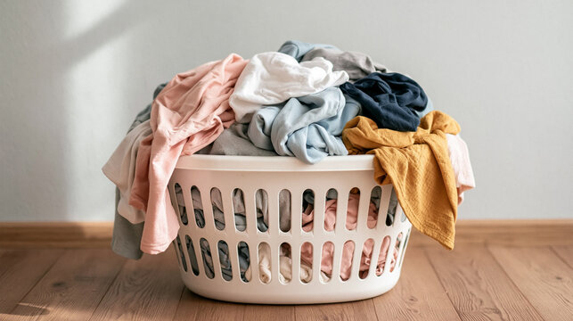 Overflowing Laundry Basket: A white plastic laundry basket overflows with a pile of mixed clothing, signaling an upcoming chore and everyday life.
