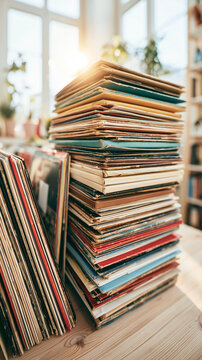 Vintage Vinyl Stack: A tall stack of vintage vinyl records sits on a wooden table, bathed in warm sunlight filtering through a window, hinting at a nostalgic and cherished collection.