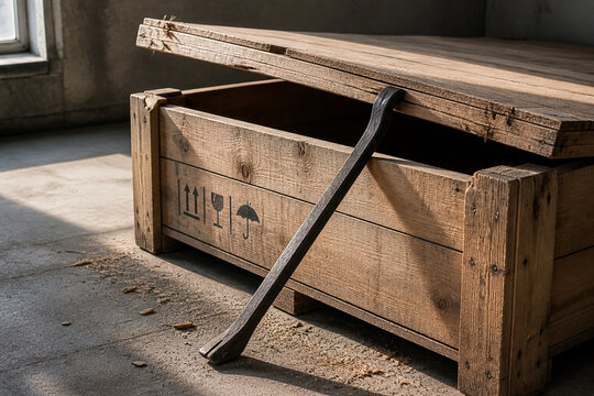 Steel pry bar opening wooden shipping crate lid, tools and construction concept