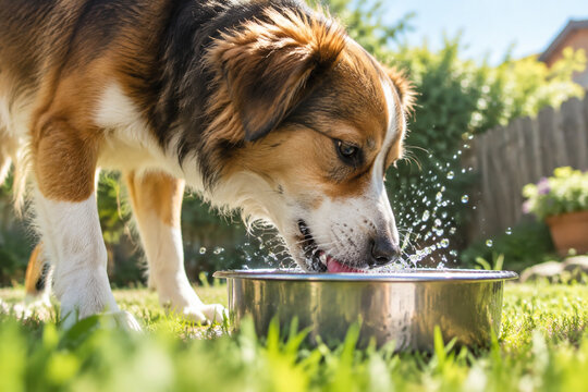 Dog drinking water from metal bowl in backyard, pet hydration and thirst